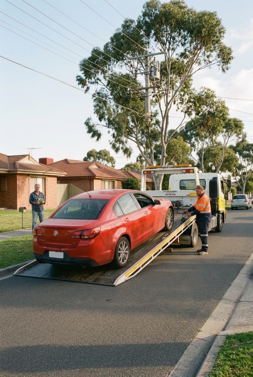 A red Holden Commodore being winched onto a tilt-tray tow truck outside a suburban house while the owner watches